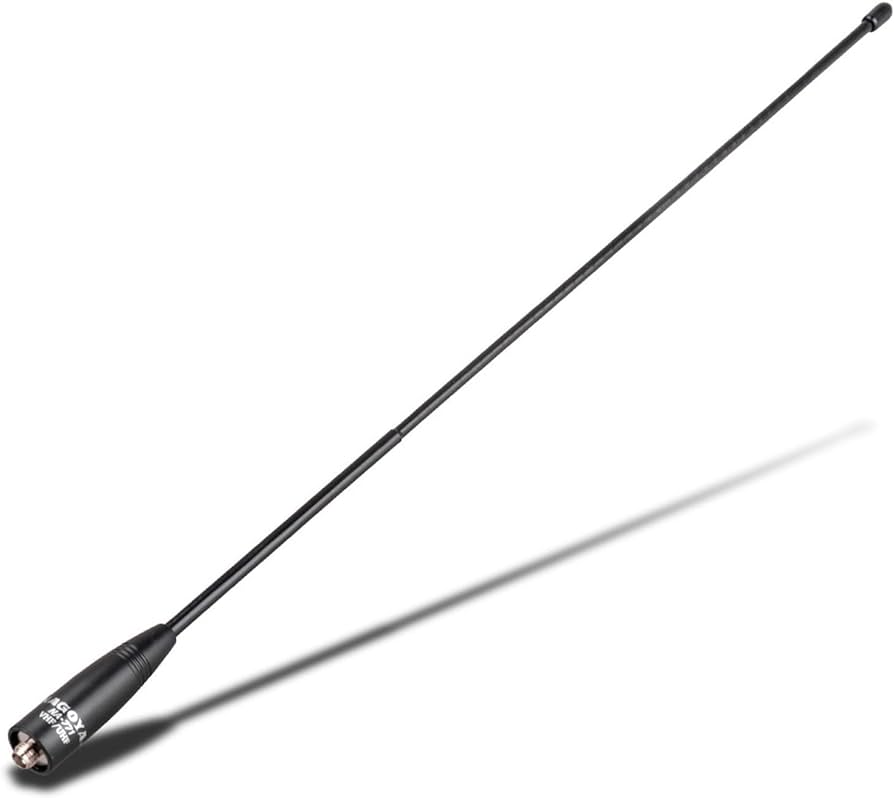 An extended radio antenna on a white background.